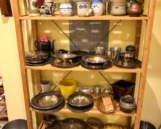 Lots of silver plate trays, bowls & servers, pottery planters
