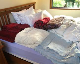Bed linens: Pottery Barn king size burgundy velvet bedspread & shams, down blanket & pillows, matelasse bedspread, sheets (king + a few twin) , pillow cases