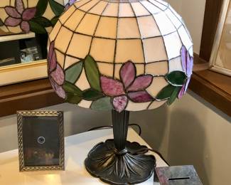 Stained glass lamp (newer), Gorham silver plate bank