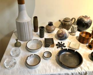 Studio pottery vases & teapot, Heath ashtrays, Kosta Boda snowball votives, Dansk iron candle holder w/ box
