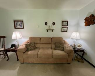 cherry side tables, microfiber sofa, crystal lamps