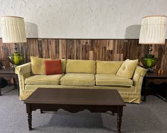 yellow crushed velvet sofa, mid century tables