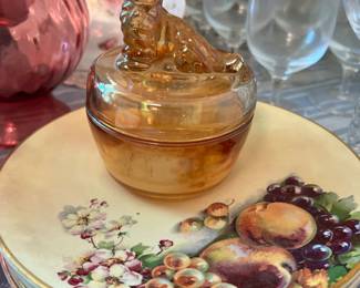 carnival glass, antique porcelain plates, lenox crystal gold rimmed stemware