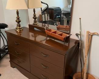 mcm laminate dresser with mirror, brass lamp