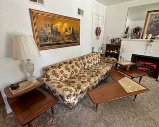 Mid century modern boomerang table with matching end tables.  2 piece sectional sofa