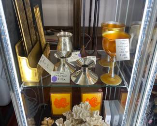 Tiffany favrile glass desk set and candlesticks