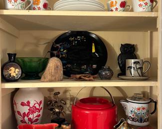 Vintage Danish Stelton ice bucket, Anchor/Hocking glass, vintage Berggren Swedish enamelware, and many more vintage pottery pieces