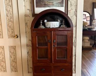 Antique mahogany arched cabinet. Vintage Lake George print