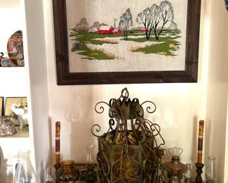 Vintage Amber Crackle Glass Brass Swag Light Fixture