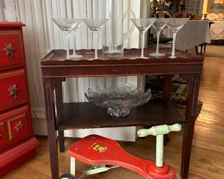 Vintage martini set. Pitcher with frosted handle and stirer, and 6 glasses with frosted stem. Vintage Kiddy Car