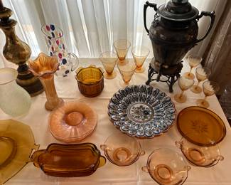 Fostoria, Fenton, depression glass, amber glass, carnival glass, swung vase, bohemian crystal thumbprint pitcher, vintage glassware. Silver beverage dispenser.