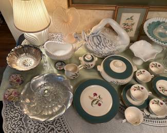 Homer Laughlin Cavalier Eggshell China. Fenton glass. Hobnail milk glass. Footed and ribbon trays.