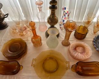 Carnival Marigold, pink depression glass decanter, vintage pink swirl glasses