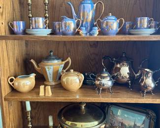 Japanese Moriage Dragonware. Antique Royal Rochester Fraunfelter Faun and roses. Vintage brass and copper chafing dish. Silver coffee service.