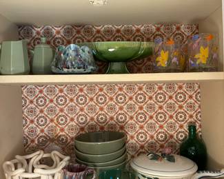 Red wing pottery dish. White wicker rope pottery. Vintage Mann, Seymour glasses.