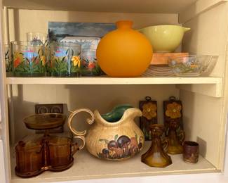 Vintage amber glass. Vintage Arnel’s Mushroom pitcher. Vintage Floral double ok fashions. Pyrex.