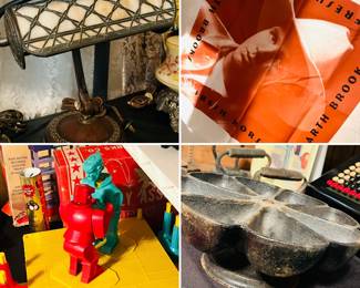 Vintage slag glass desk lamp 
Garth Brooks handkerchief
Vintage Rock Em Sock Em Robots
Antique cast iron carousel nail caddy 