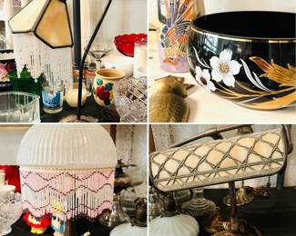 Swag glass and other vintage style lamps 
Vintage ceramic pottery 