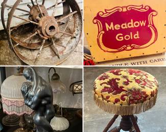 Cast iron wagon wheels
Vintage Meadow Gold milk bottle box 
MCM Lovers statue
Antique piano stools (2) 