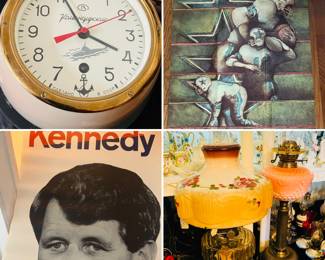 Russian submarine wall clock 
Vintage Dallas Cowboys poster 
Vintage Robert Kennedy political poster 
Vintage lamps 