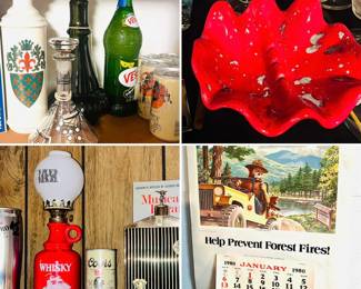 Vintage glass decanters 
Vintage ashtrays 
Vintage bar memorabilia
Vintage Smokey the Bear memorabilia 