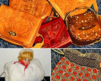Vintage leather hand tooled handbags 
Vintage muff hand warmer 
Vintage purses 