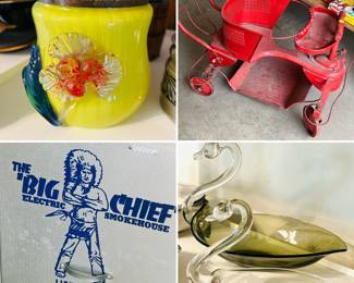 Vintage glassware 
Antique Taylor Tot baby stroller 
Big Chief electric smoker 