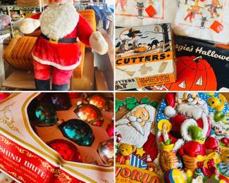 44” Rushton Santa Claus 
Vintage Shiny Brite ornaments 
Vintage Halloween decor 