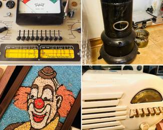Vintage Triplett tube tester 
Vintage Perfection Kerosene Heater
MCM wall art 
Antique Belmont Tube Table Radio