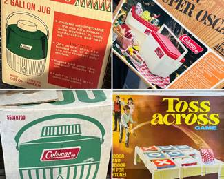 Vintage Coleman camping equipment
Coleman coolers NEW OLD STOCK 
Vintage yard game - Toss Across 
