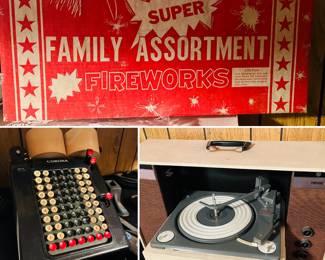 Vintage Family fireworks box 
Vintage Corona adding machine 
Vintage portable record player 