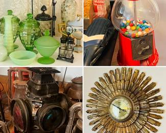 Uranium glass 
Gumball machine
Adlake Nonsweating Lamp Chicago 
Syroco Wood Gold Sunburst Clock