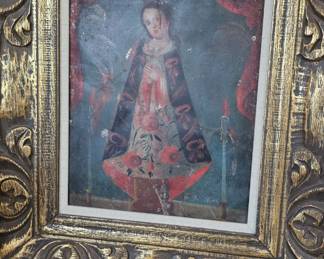 Antique- Nuestra Senora' De San Juan De Los Lagos= Oil Painted on Tin Retablo of Virgin Mary