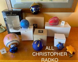 Very nice collection of Christopher Radko ornaments, including Hanukkah and Jewish stars of David. Top right is a red pepper!