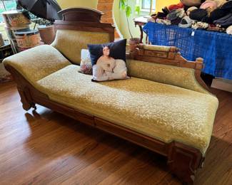 Gorgeous antique “fainting couch”, has been beautifully reupholstered, folds down full&nbsp;. In pristine condition, 78x25x40"