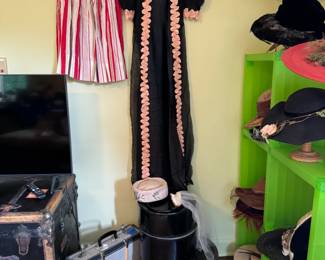 Amazing 1940s? skirt and vintage bedroom set. Cute houndstooth Czech paper suitcase, antique hat case and vintage black patent leather hat case.