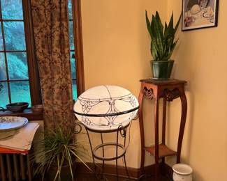 Antique city hall dome&nbsp;lights (2) repurposed into lighting fixture put on brass stand, 42" tall. Beautiful!  Art nouveau carved wooden plant stand, 13x13x42"