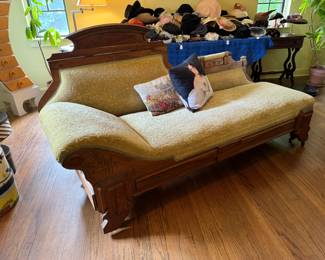 Gorgeous antique “fainting couch”, has been beautifully reupholstered, folds down full&nbsp;. In pristine condition, 78x25x40"