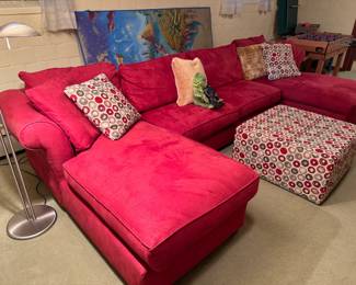 Large micro suede candy apple red sectional by Bauhaus, 135x66"