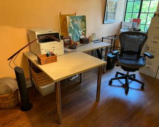 Herman Miller Aeron desk chair, MCM Mario Barbaglia & Marco Colombo floor lamp, Techline desk tables with chunky chrome legs, Nice brother office printer. L-shape desk, 70x48x29"