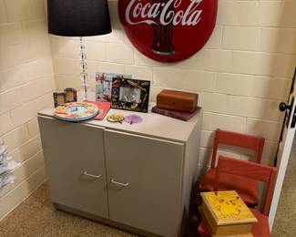 Awesome vintage Coca-Cola metal advertising  button, 24" diameter. Nice Techline cabinet, 36x19x30"! Robert Abbey glass lamp. 