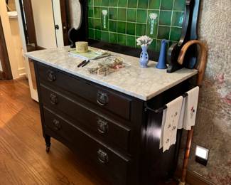 Stunning dark chest with white marble and kelly green art nouveau tiling, 39x19x52"