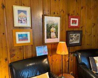Quirky dog artwork by Cindy and Kirby Pringle from Tuscola, IL. Several additiona pieces are sprinkled around the house! Bottom right is an intaglio from copper plate, artwork by Rosalind Faiman Weinberg. Bottom left dog artwork is signed Stephen Huneck. Woodstock, Vermont.
