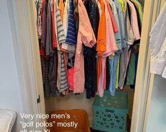 Very nice collection of men’s golf polos, golf pants and shorts, athletic and outdoor wear.&nbsp;
Golf polos: sizes L and XL
B Draddy, Callaway, Puma, Adidas, Nike, Orvis, Walter Hagen, Prana, Peter Millar, Rhoback, Johnnie-O, Bonobos, Vineyard Vines.
Golf Pants: 36x32, 34x32. Hiking/outdoor/sportsy: L and XL
Patagonia, North face, SmartWool, Colombia, Marmot, Sugoi, Kühl, Arc’Teryx