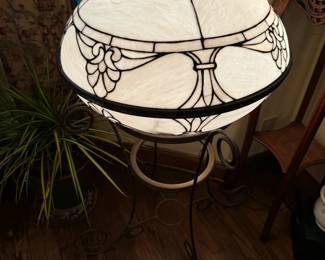 Antique city hall dome&nbsp;lights (2) repurposed into lighting fixture put on brass stand. Beautiful! See crack in left quadrant. 42" tall