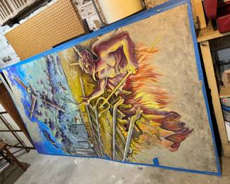 HUGE painted panels,  4 total. Were used as part of a set from a local movie filmed, "Welcome to Tolono", very strange! Gorgeous hand-painted work from Chicago artist, Glen Davies. Movie written and directed by Mark Roberts. He was also the creator of the TV sitcom, “Mike & Molly” and the writer for the tv sitcom, “Two and a Half Men”. From Urbana! 