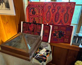 5 gorgeous larger molas, several in pristine condition. Purchased in Panama. Guna indians, 8 small mola in pristine condition, also purchased in Panama.  A cool antique top from a "hot peanuts cart" also from San Fransisco. 19x18x10"