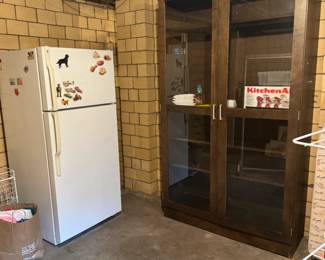 Gorgeous modern China like cabinet with glass doors, 48x17x84". GE fridge/freezer