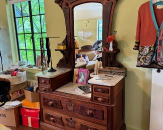 Absolutely gorgeous early 1900s marble top dresser, in beautiful condition. 43x21x86"