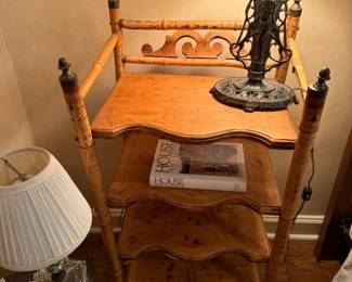 In love with this antique bamboo shelf, it is fragile. And make sure to see the metal art nouveau lamp <3. Shelf, 18x13x38"